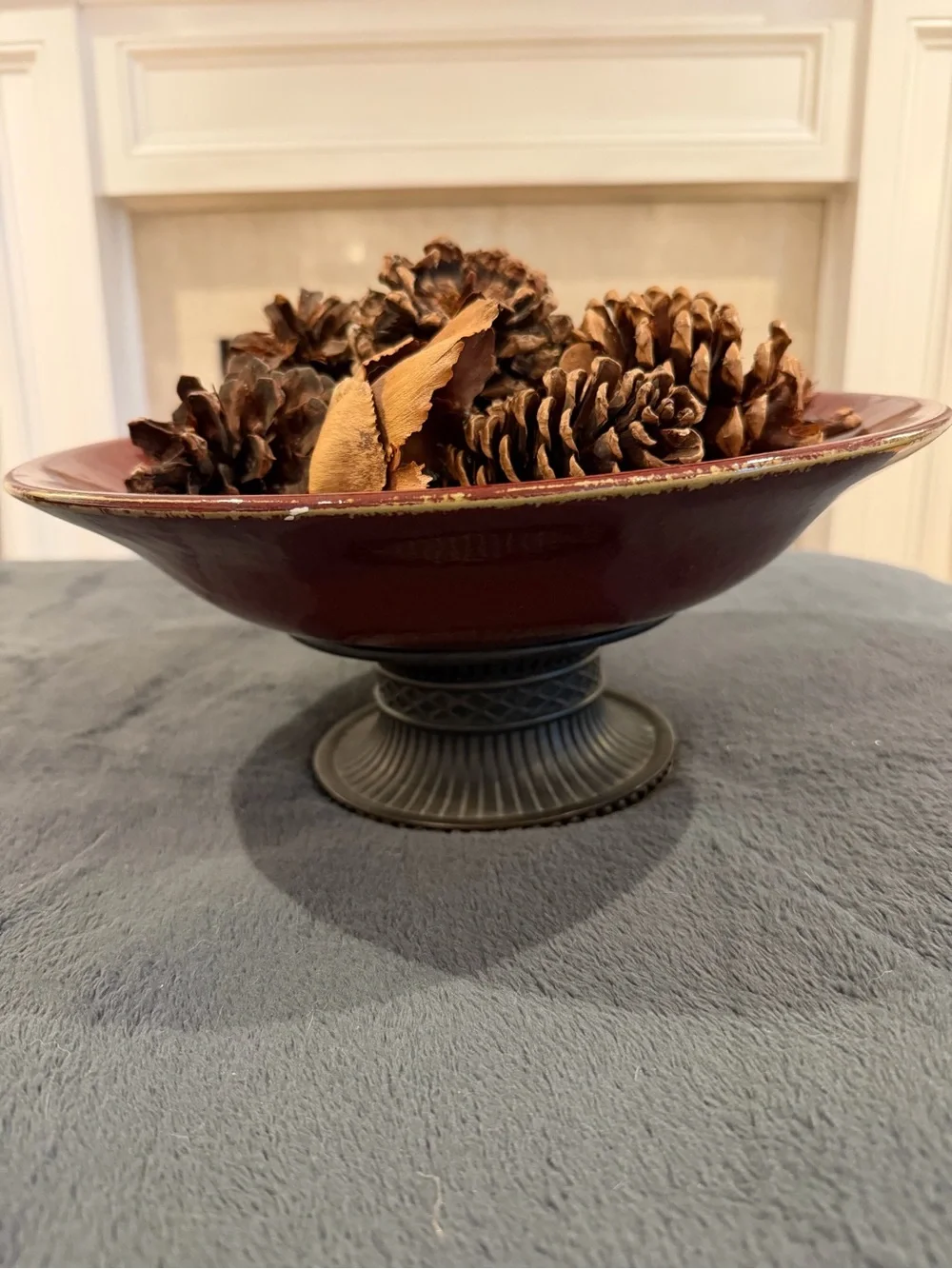 PartyLite Red Decorative Bowl Vase with Pinecone Fill